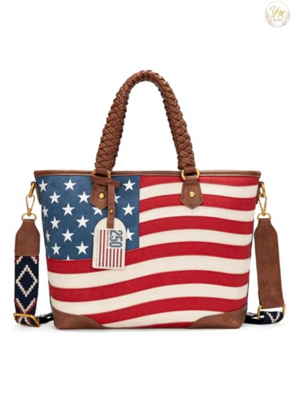 Vintage Patriotic Tote Bag with Braided Handles Faux Leather Shoulder Purse
